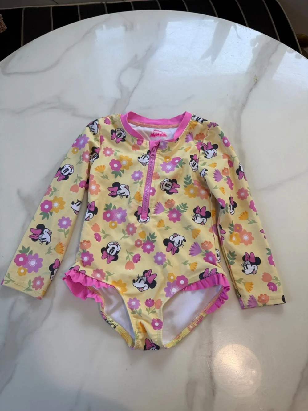 Carter's Yellow Floral Minnie Long-Sleeve One-Piece Swimsuit with Pink Trim